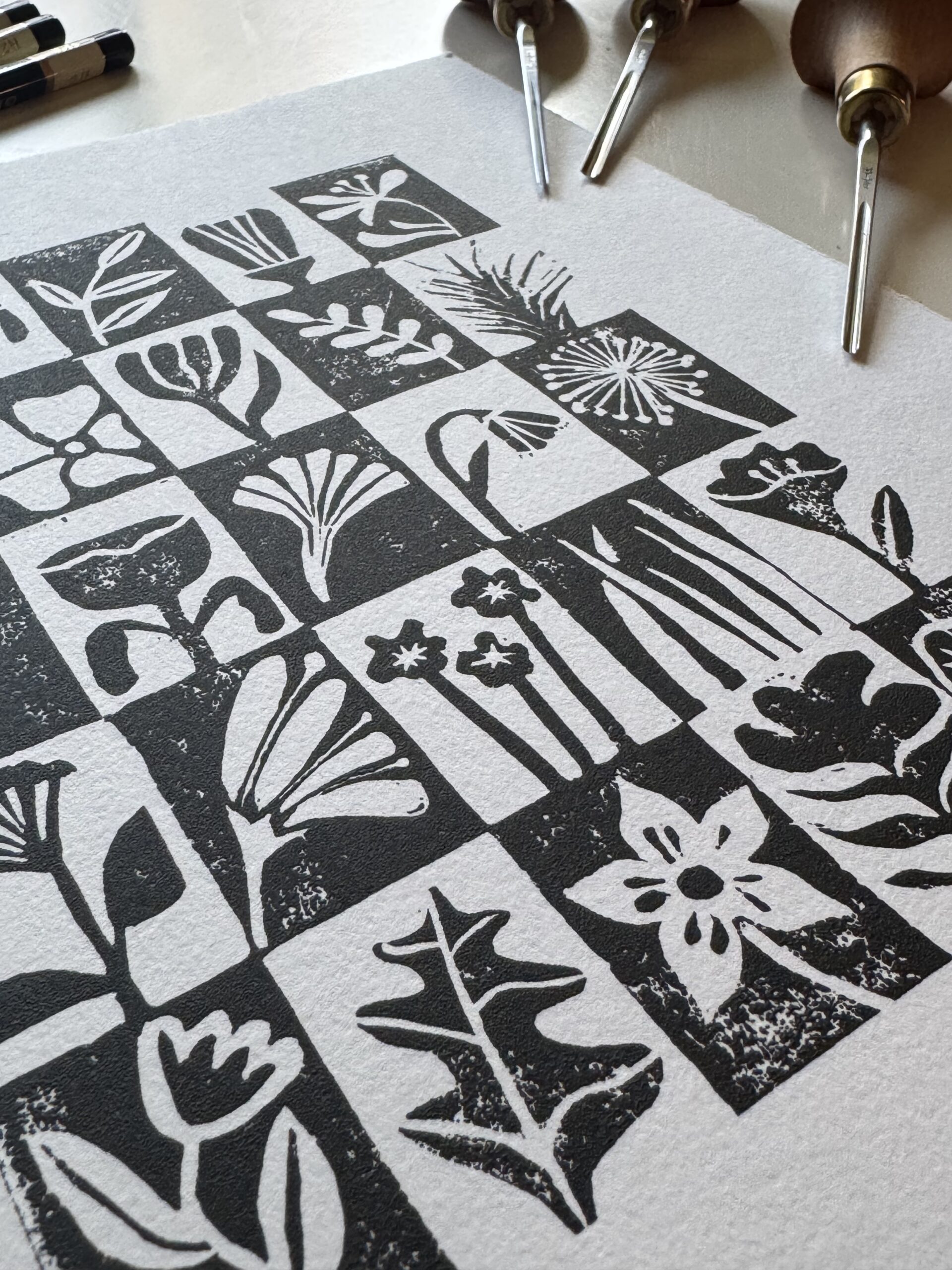 A Study on Flowers - Hand Carved Linocut Art