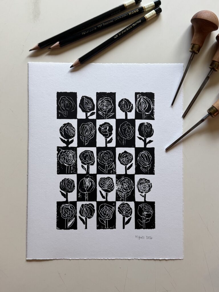 A Study on Peonies - Hand Carved Linocut Art
