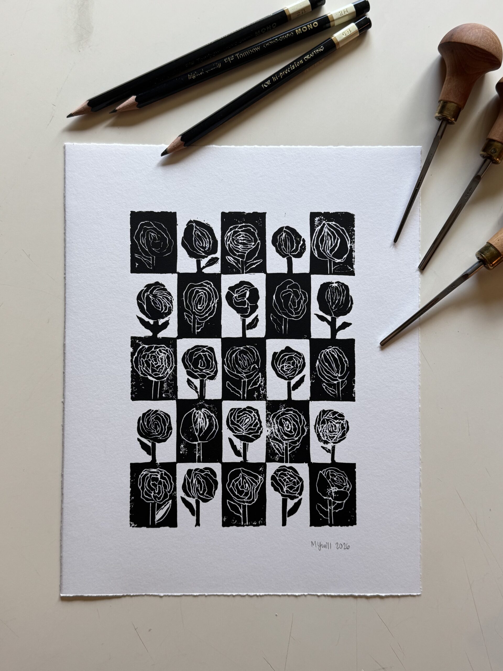 A Study on Peonies - Hand Carved Linocut Art - Image 1