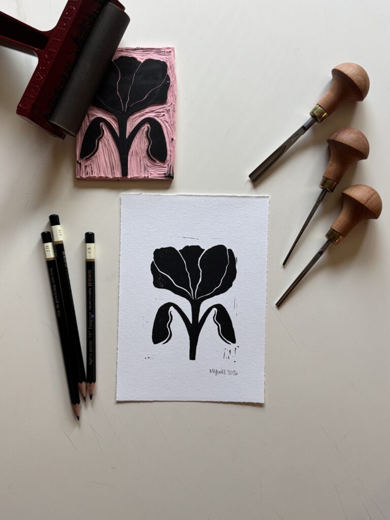 Bloom - Hand Carved Floral Linocut Art 5x7