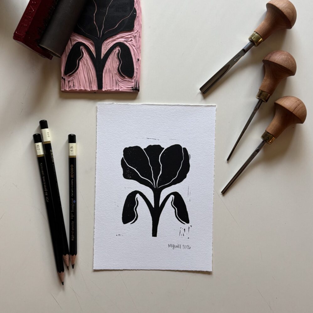 Bloom - Hand Carved Floral Linocut Art 5x7 - Image 1