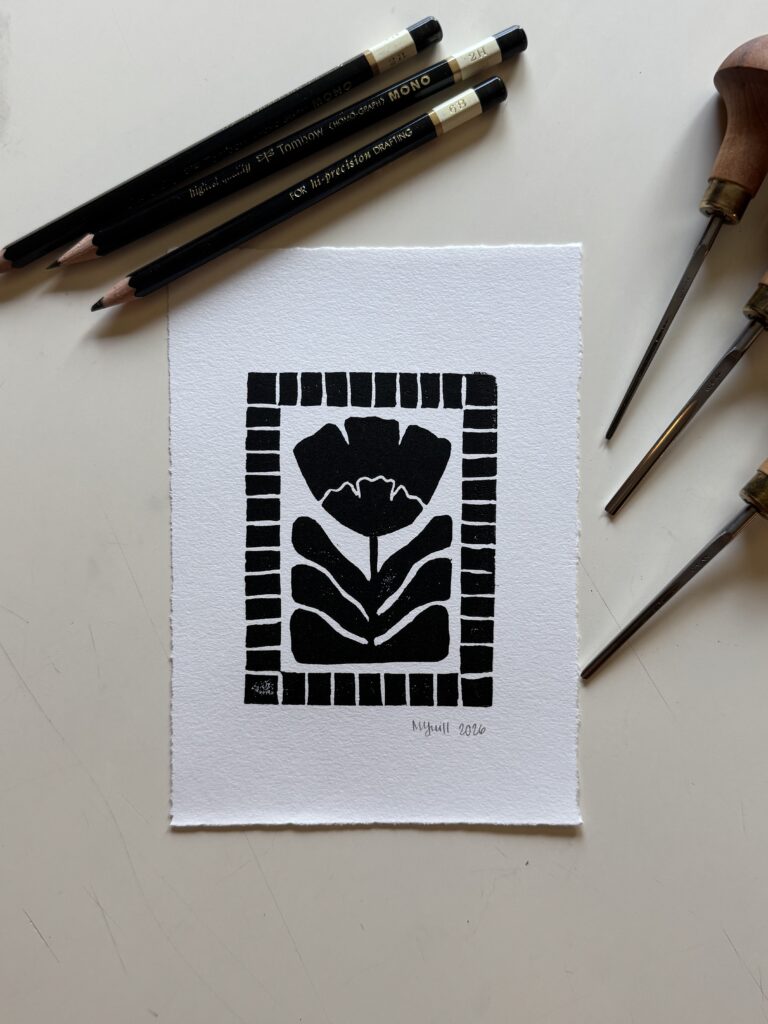 Bloom in Frame - Hand Carved Floral Linocut Print 5x7