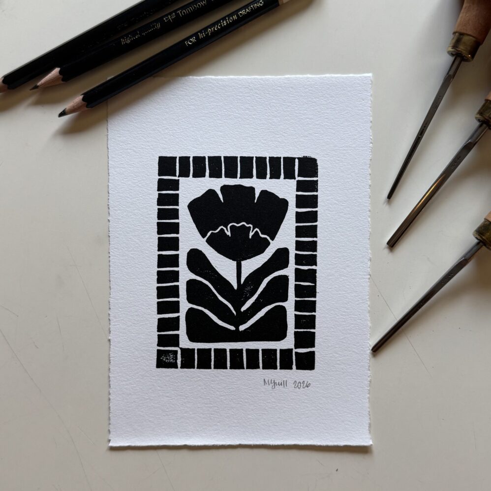 Bloom in Frame - Hand Carved Floral Linocut Print 5x7 - Image 1