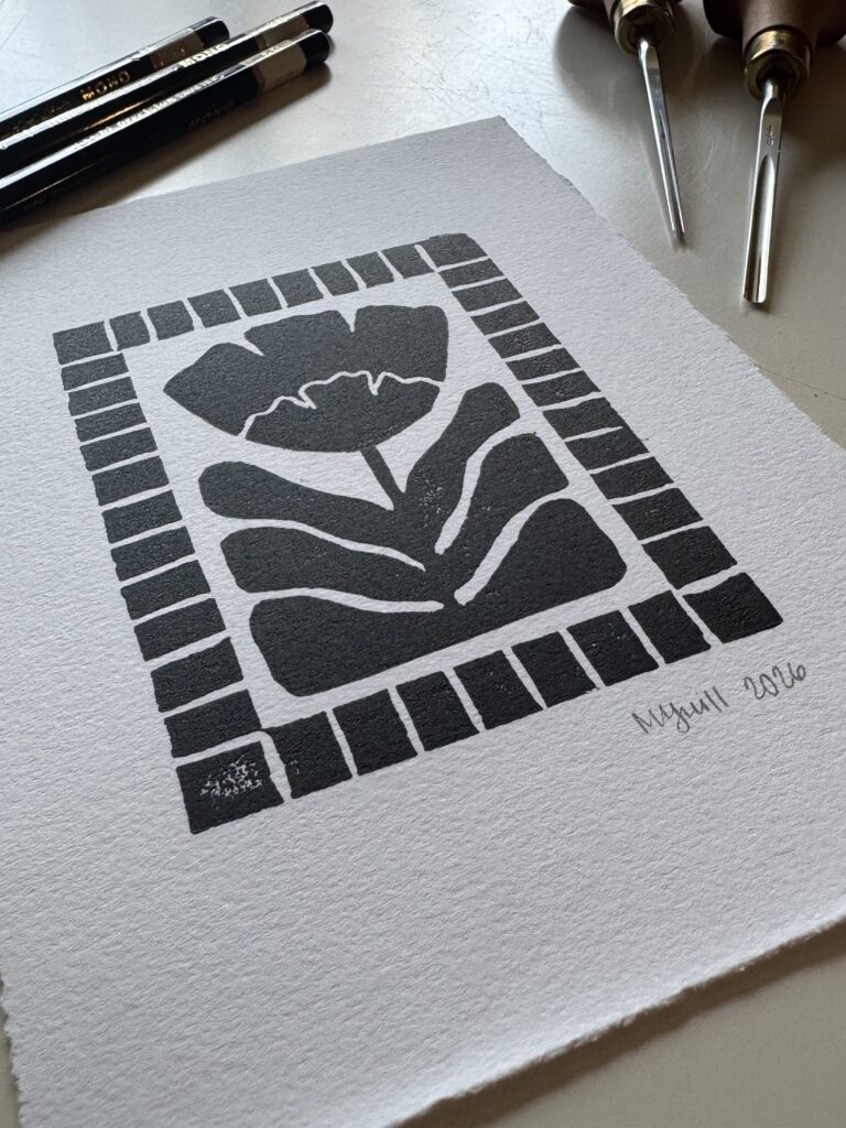 Bloom in Frame - Hand Carved Floral Linocut Print 5x7