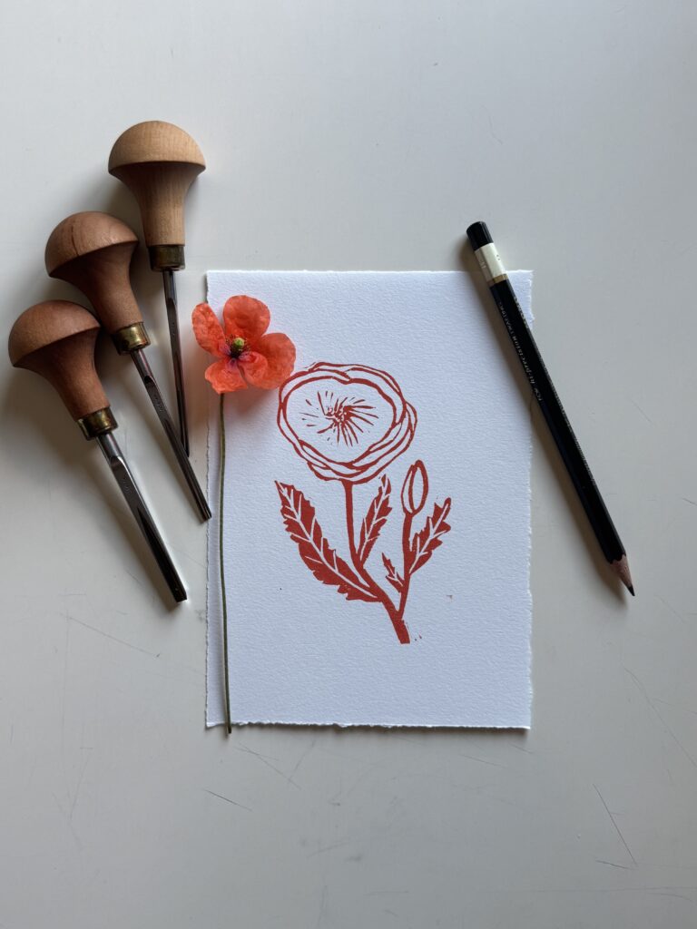Poppy - Hand Carved Floral Linocut Art