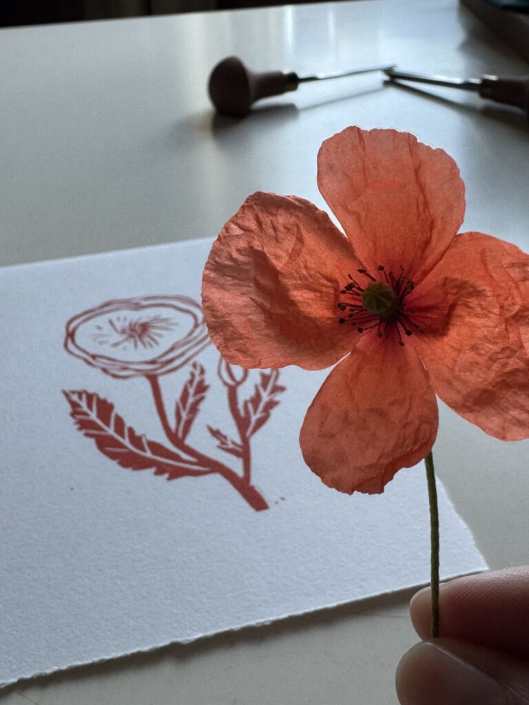 Poppy - Hand Carved Floral Linocut Art