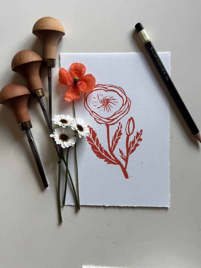 Poppy - Hand Carved Floral Linocut Art