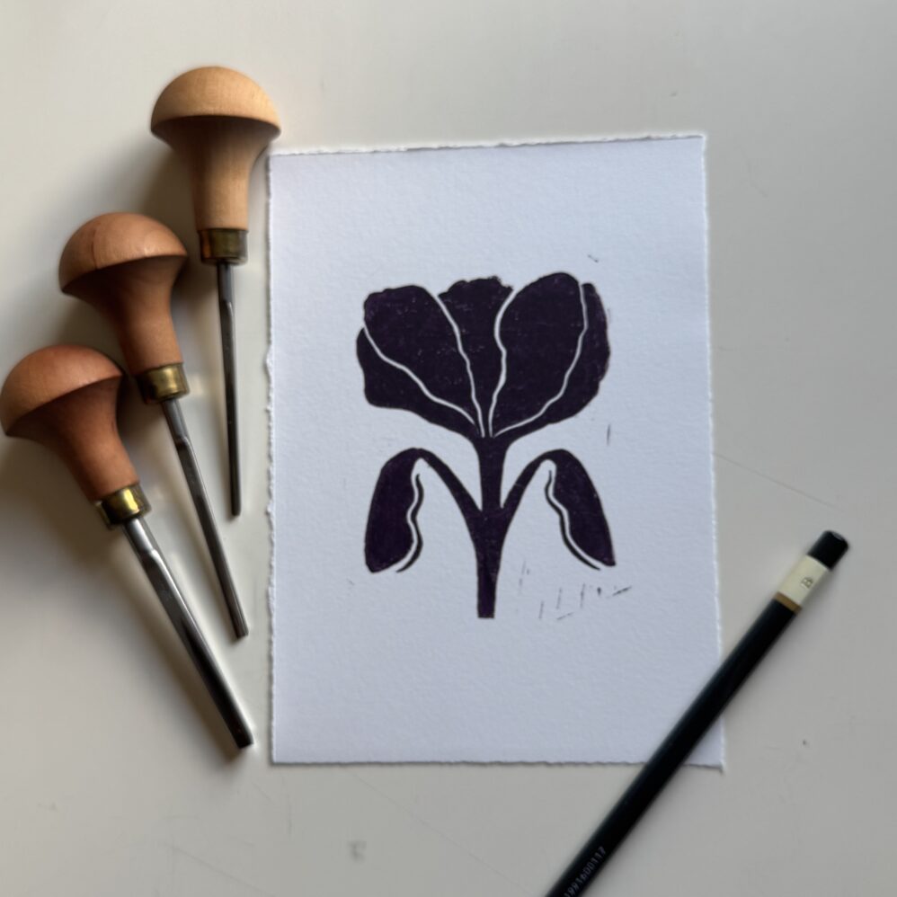 Bloom in Plum - Hand Carved Floral Linocut - Image 1