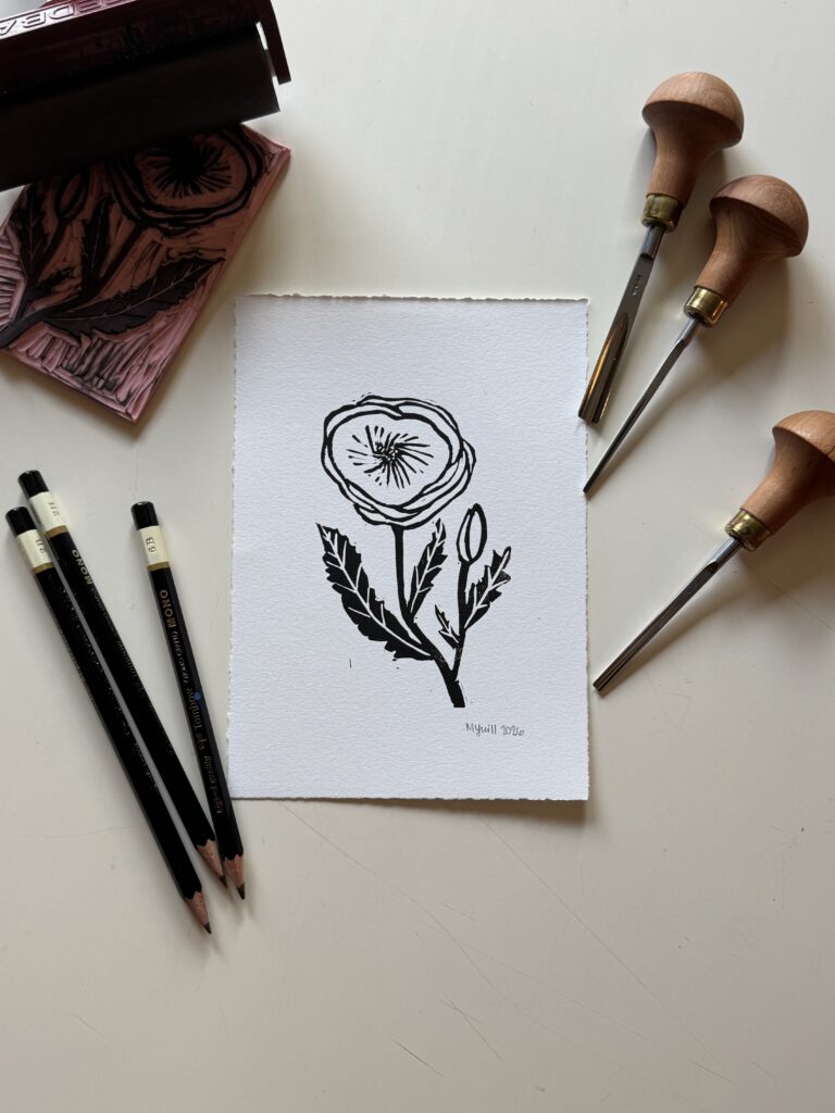 Poppy - Hand Carved Floral Linocut Art