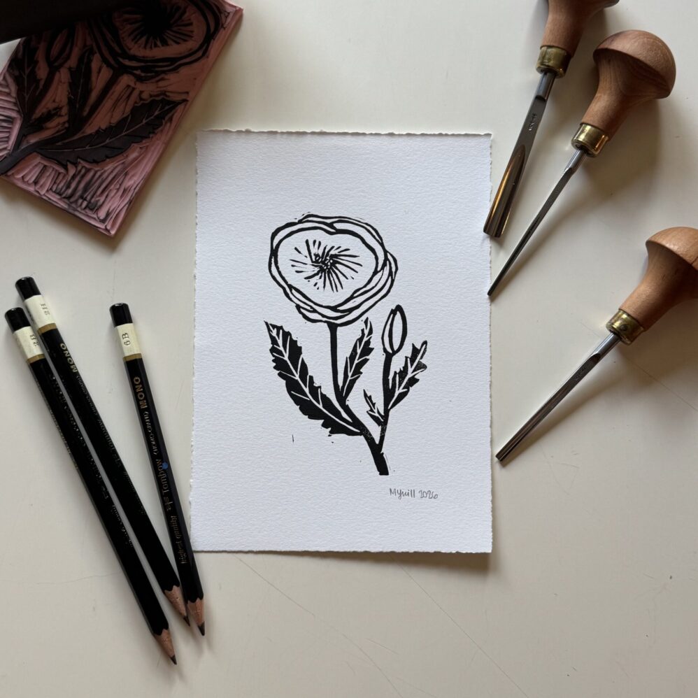 Poppy - Hand Carved Floral Linocut Art - Image 1