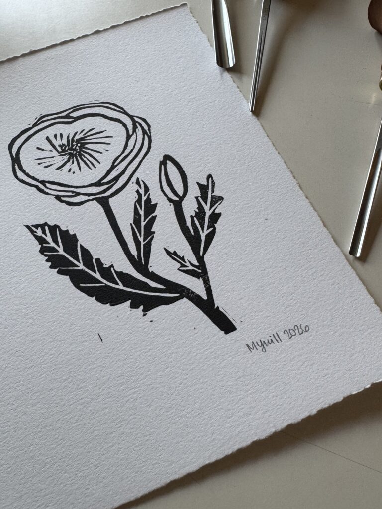 Poppy - Hand Carved Floral Linocut Art