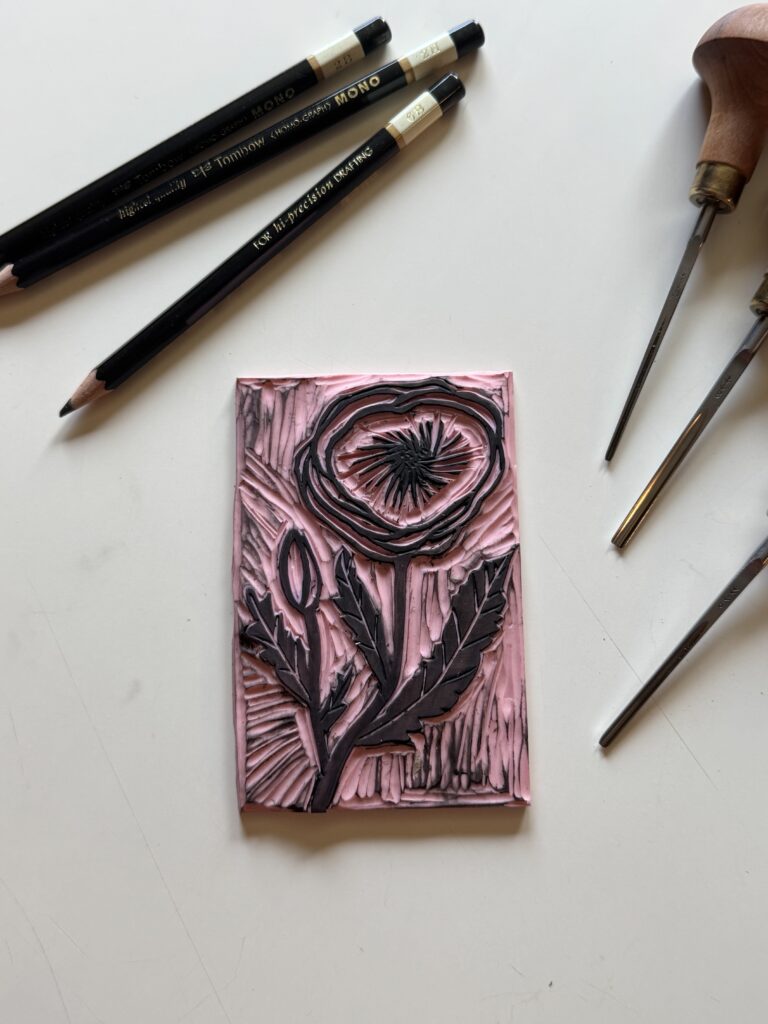 Poppy - Hand Carved Floral Linocut Art