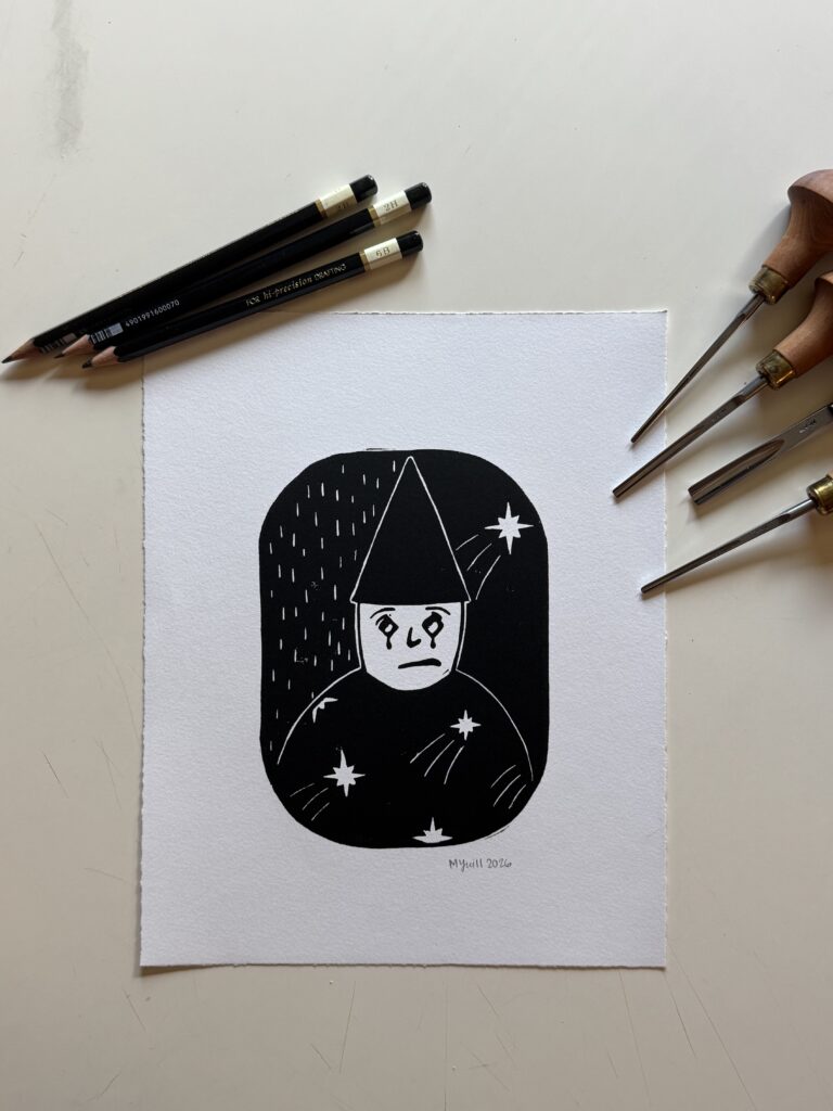 Sad Man - Hand Carved Linocut Relief Art