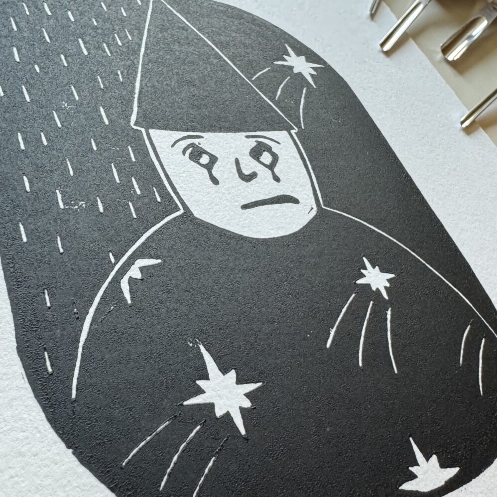 Sad Man - Hand Carved Linocut Relief Art - Image 3